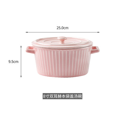 Nordic Double-Handle Ceramic Soup Salad Bowl with Lid