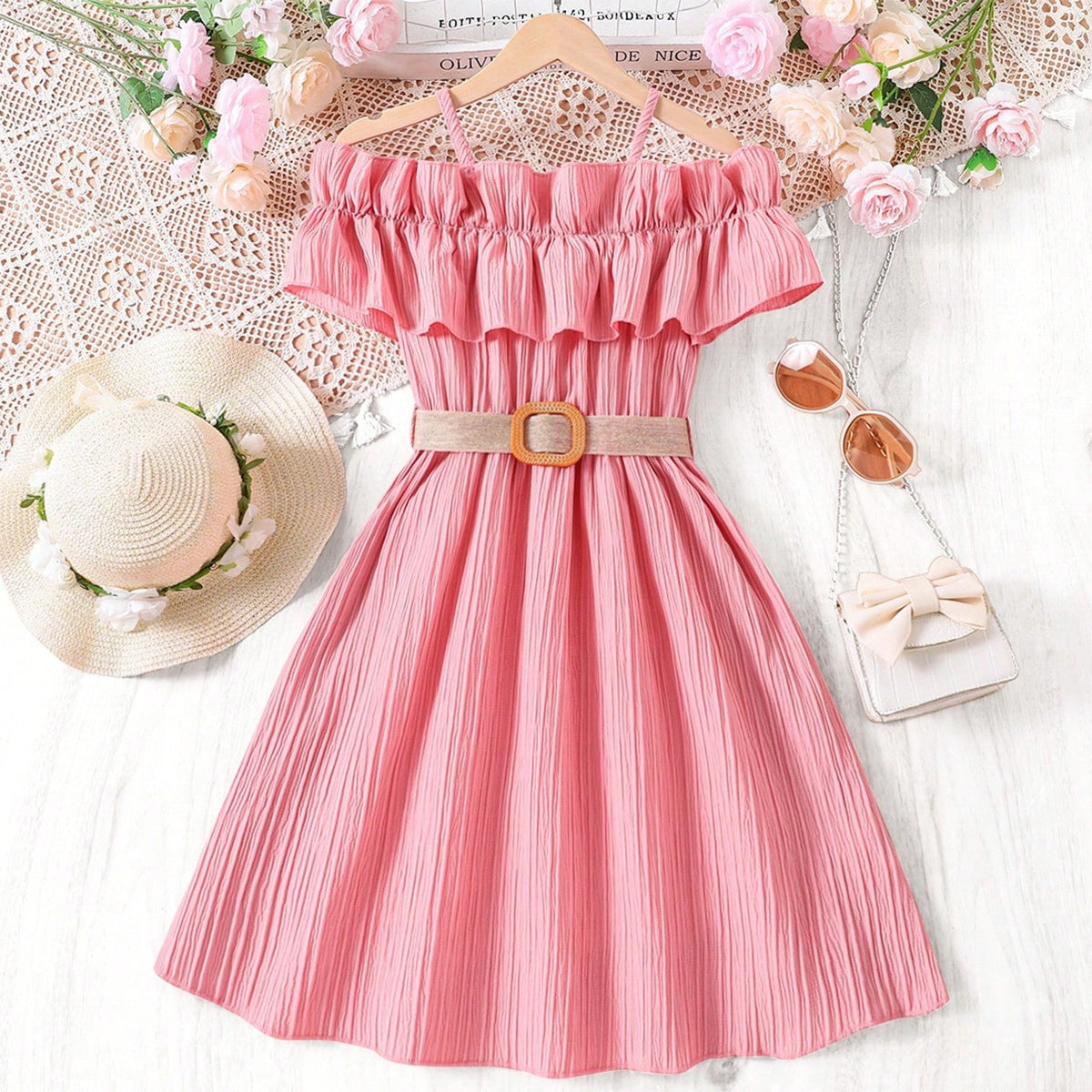 Girls' Summer One-Shoulder Lace Dress in Multi-Colors