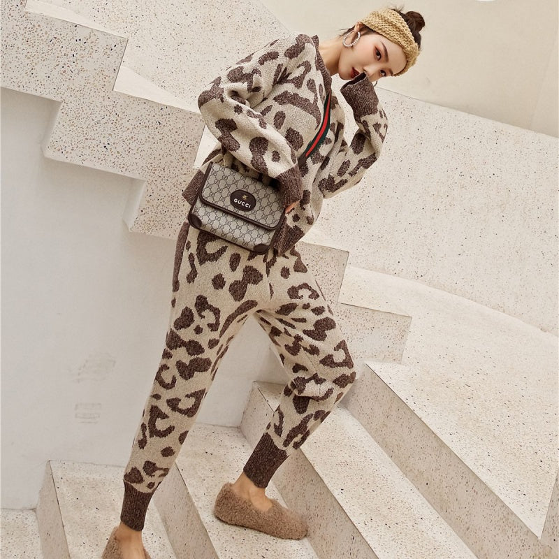 Loose Fit Leopard Print Knit Sweater Two-Piece Set