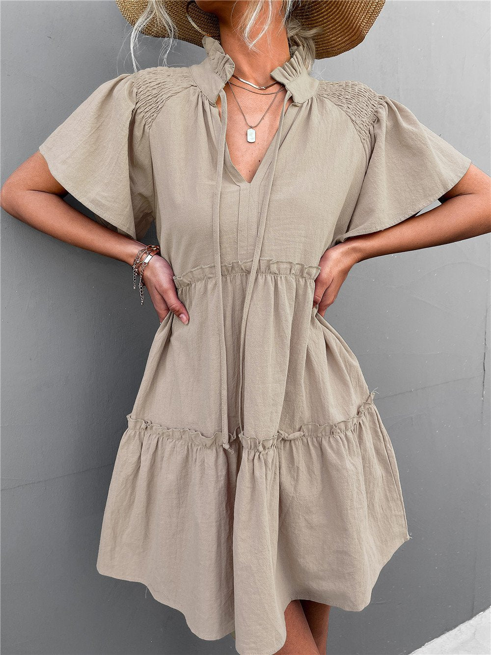 Pleated Tie V-neck Lace Dress