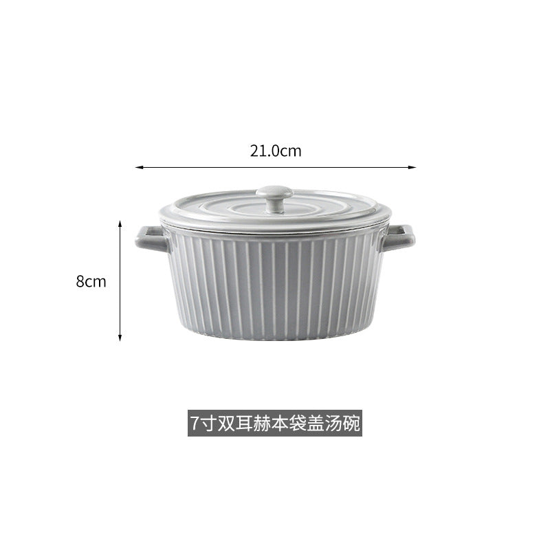Nordic Double-Handle Ceramic Soup Salad Bowl with Lid