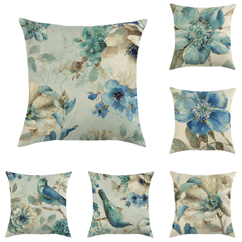 Blue Style Oil Painting Bird and Flower Pillow Custom