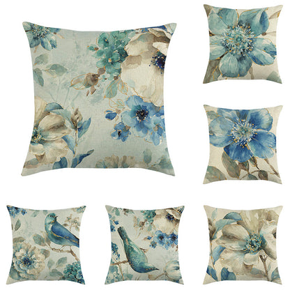 Blue Style Oil Painting Bird and Flower Pillow Custom