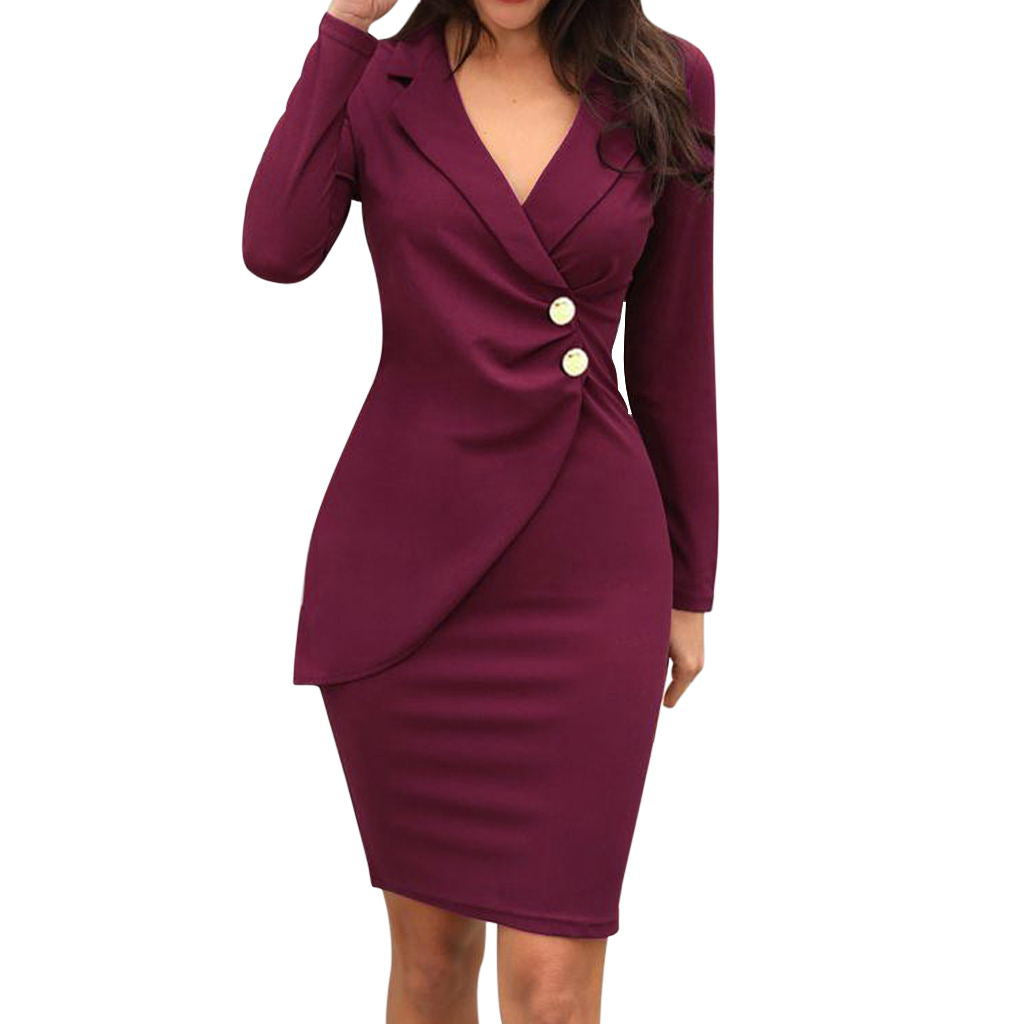 Buttoned Long Sleeve Bodycon Dress for Work