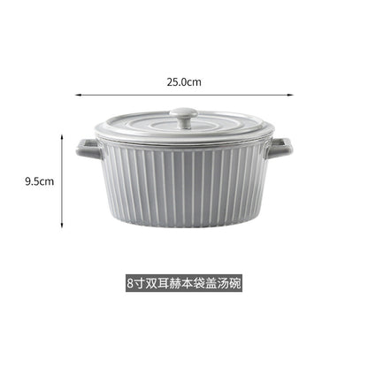 Nordic Double-Handle Ceramic Soup Salad Bowl with Lid