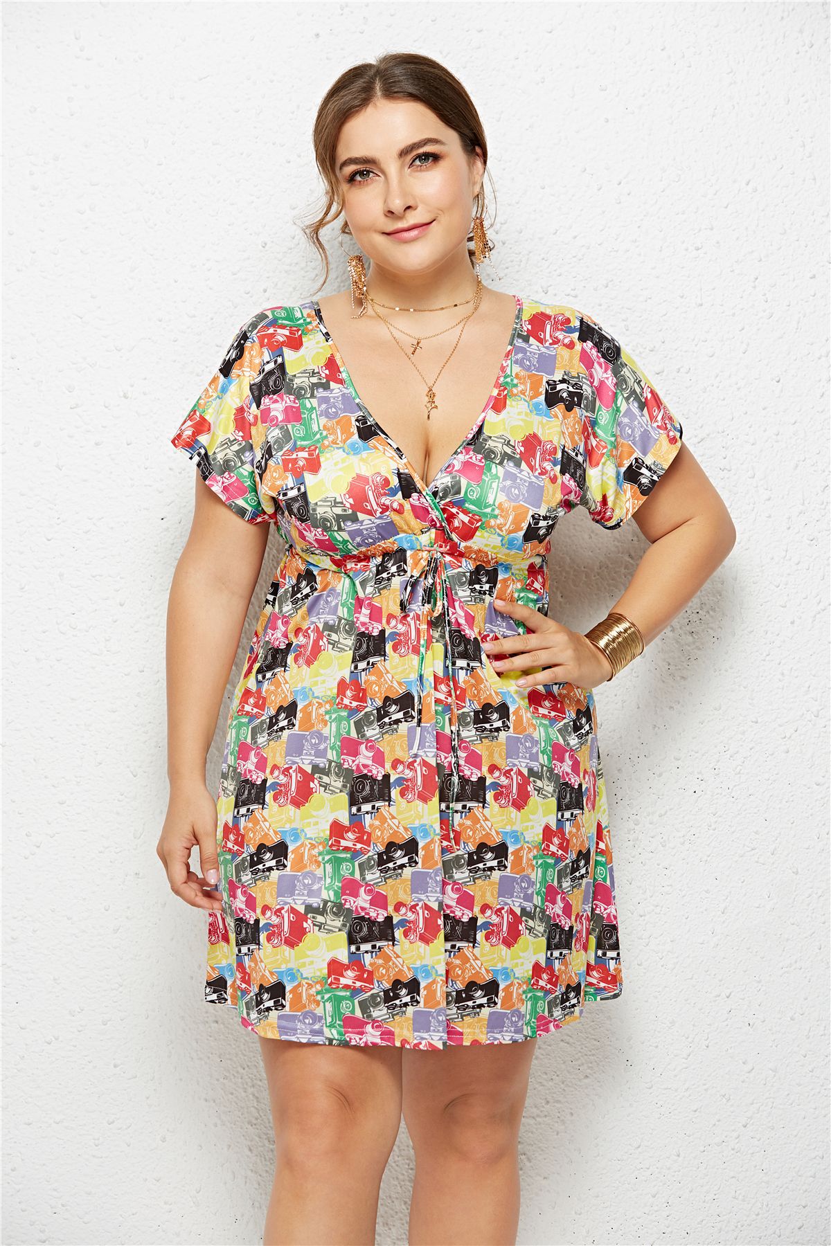 Deep V-Neck Dress with Elastic Waist