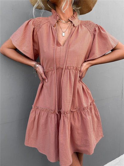 Pleated Tie V-neck Lace Dress