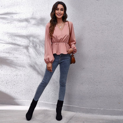 Solid Color V-neck Long-sleeve Chiffon Shirt for Women