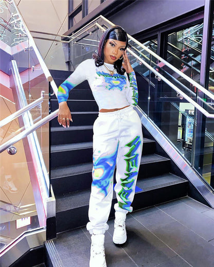 Loose-Fit Long Sleeve and Pants Set with Letter Print