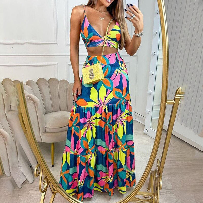 Floral V-Neck Maxi Dress Two-Piece Set for Women