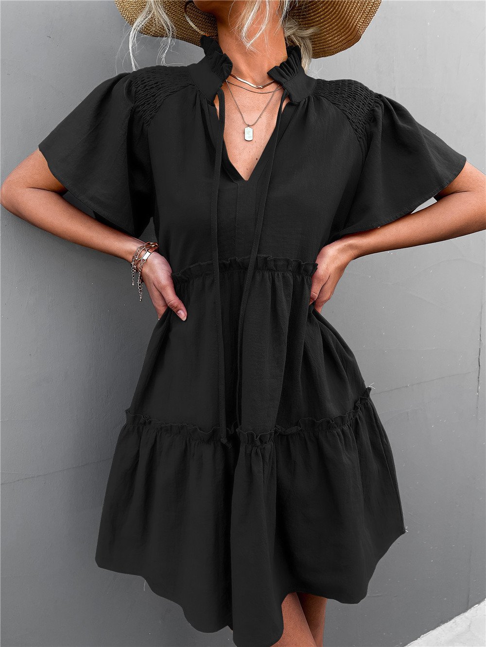 Pleated Tie V-neck Lace Dress
