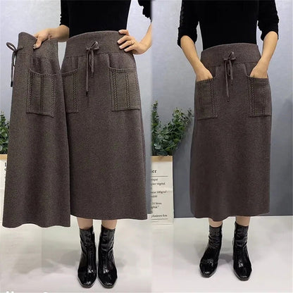 Autumn Wool Knit Long Skirt with Pockets