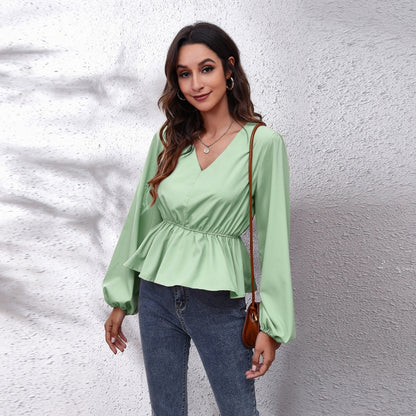 Solid Color V-neck Long-sleeve Chiffon Shirt for Women