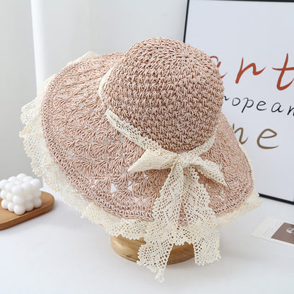 Women's Big Brim Beach Hat with Lace Strap and Bow
