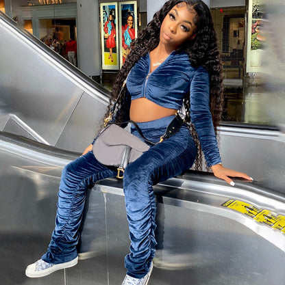 Chic Velvet Hooded Crop & Pleated Pants Set