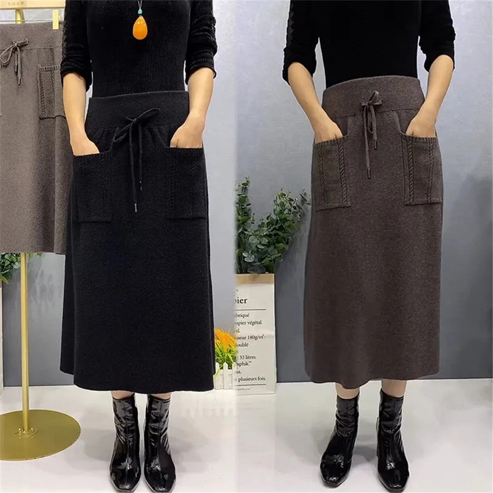 Autumn Wool Knit Long Skirt with Pockets
