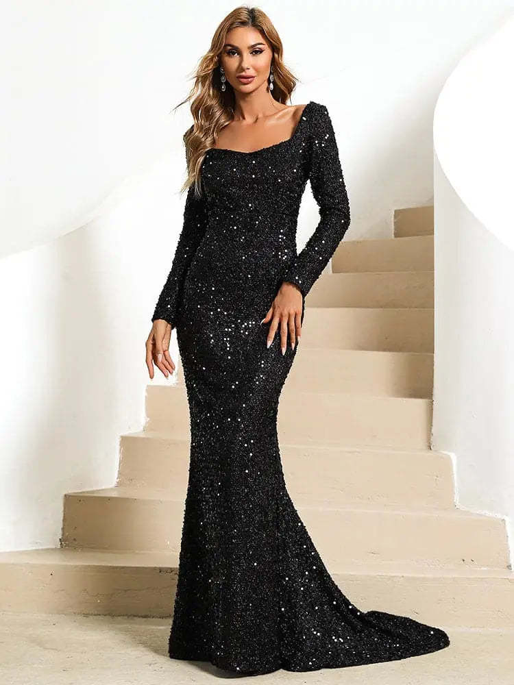 V-neck Sequined Flared Sleeve Dress