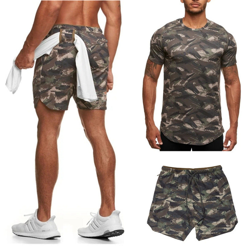Two-Piece Camouflage Short-Sleeved Fitness Suit