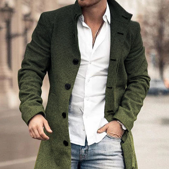 Men's Woolen Stand Collar Medium Long Pocket Coat