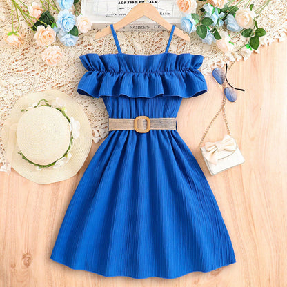 Girls' Summer One-Shoulder Lace Dress in Multi-Colors