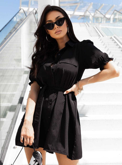 Short Sleeve Belted Lapel Shirt Dress for Women