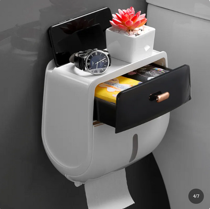 Waterproof Wall-Mounted Bathroom Tissue Box with Shelf – Black/Gray