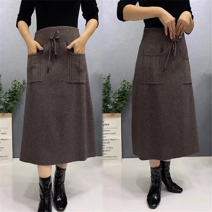 Autumn Wool Knit Long Skirt with Pockets
