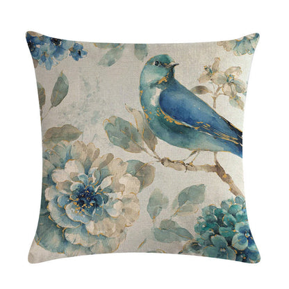 Blue Style Oil Painting Bird and Flower Pillow Custom