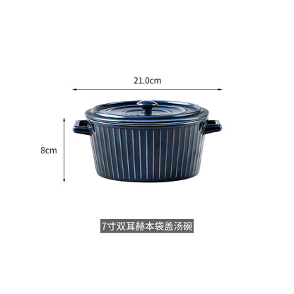 Nordic Double-Handle Ceramic Soup Salad Bowl with Lid