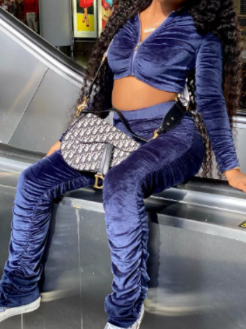Chic Velvet Hooded Crop & Pleated Pants Set