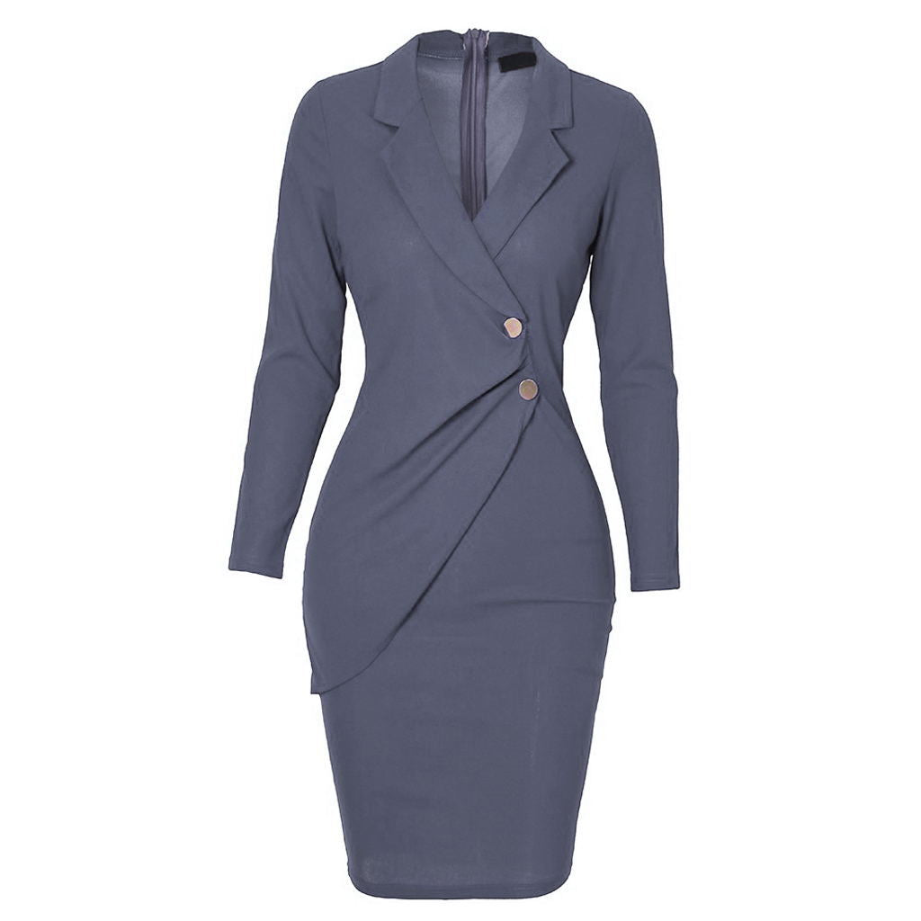 Buttoned Long Sleeve Bodycon Dress for Work