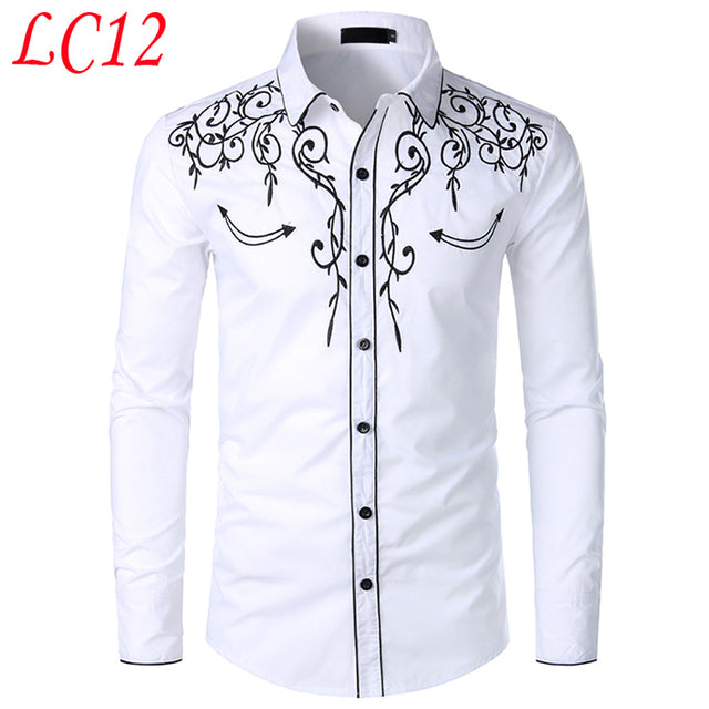 Slim Fit Western Denim Long Sleeve Embroidered Shirt