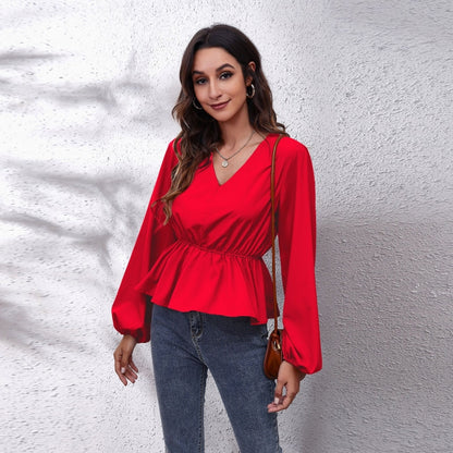 Solid Color V-neck Long-sleeve Chiffon Shirt for Women