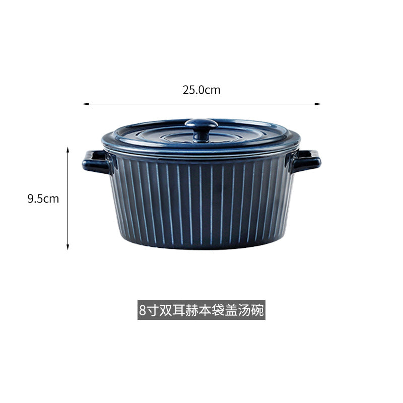 Nordic Double-Handle Ceramic Soup Salad Bowl with Lid