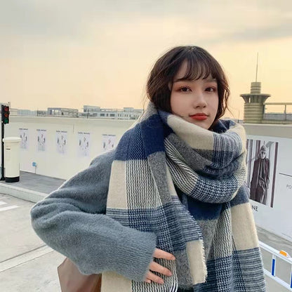 Women's Blue Plaid Winter Scarf with Tassels