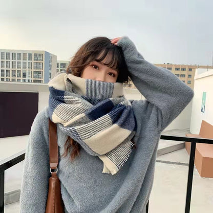 Women's Blue Plaid Winter Scarf with Tassels