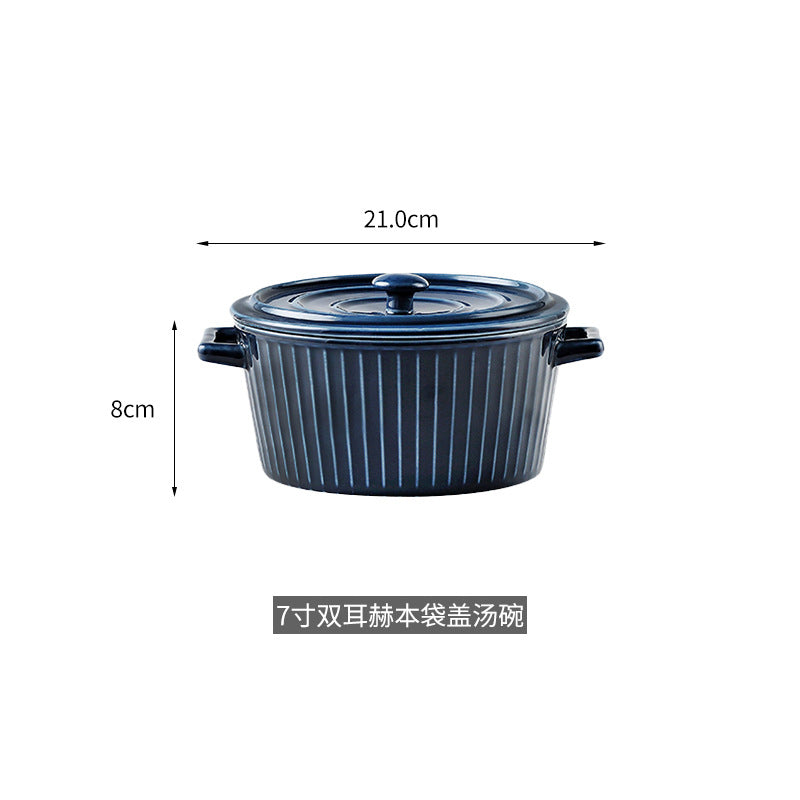 Nordic Double-Handle Ceramic Soup Salad Bowl with Lid