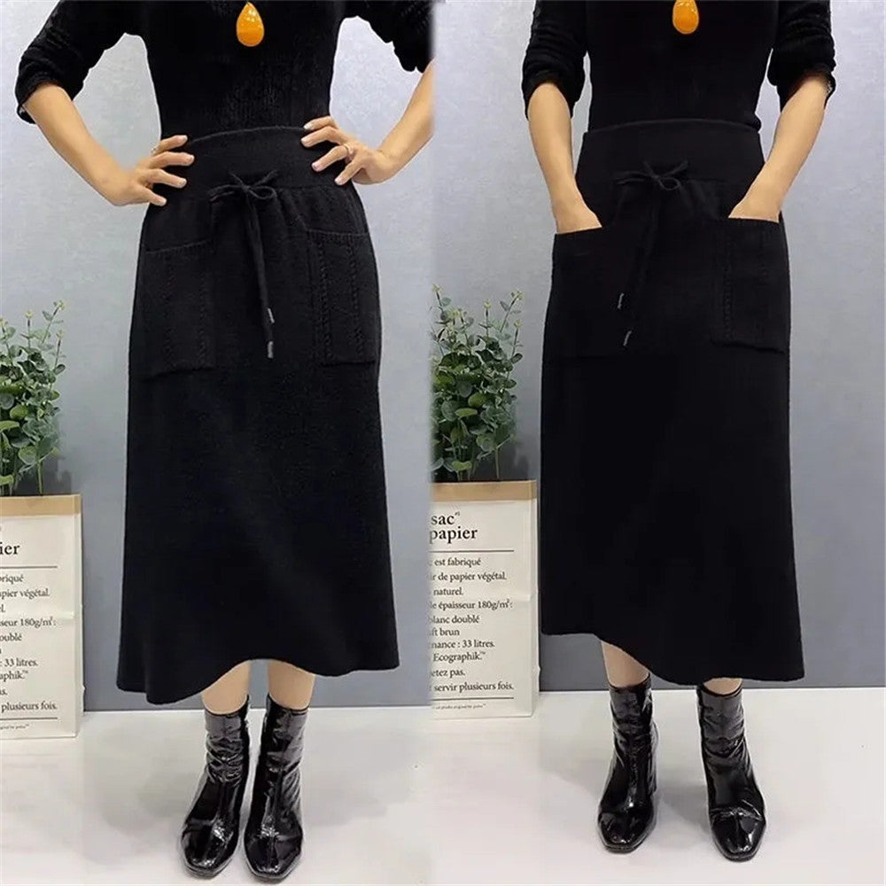 Autumn Wool Knit Long Skirt with Pockets