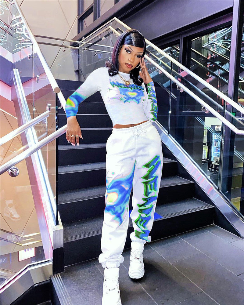 Loose-Fit Long Sleeve and Pants Set with Letter Print