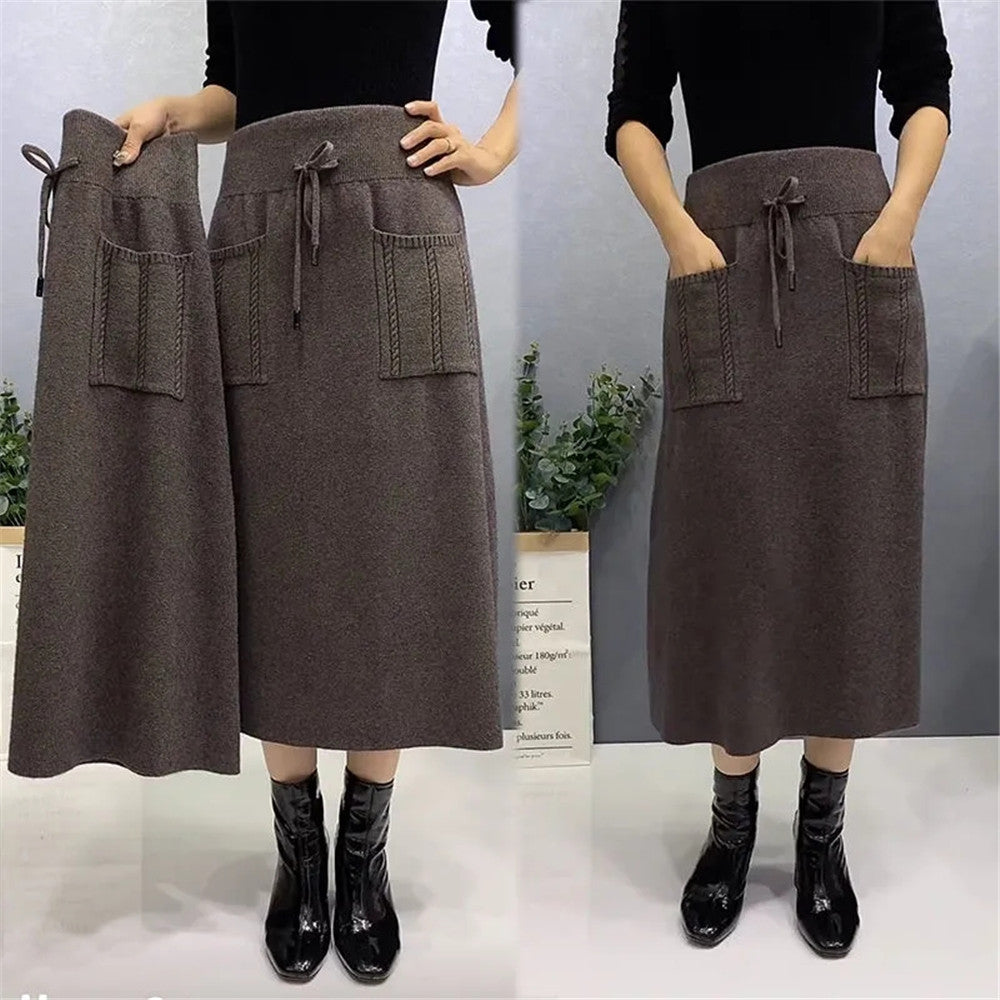 Autumn Wool Knit Long Skirt with Pockets