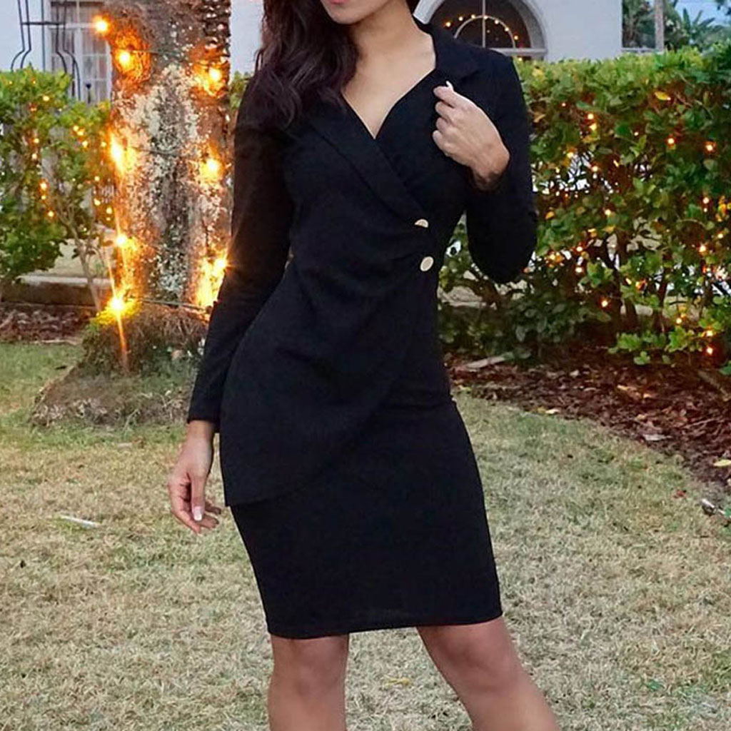 Buttoned Long Sleeve Bodycon Dress for Work