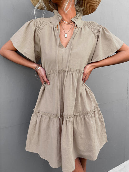 Pleated Tie V-neck Lace Dress