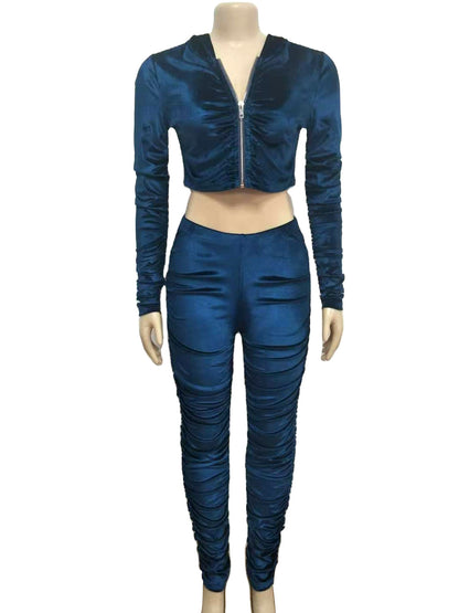 Chic Velvet Hooded Crop & Pleated Pants Set