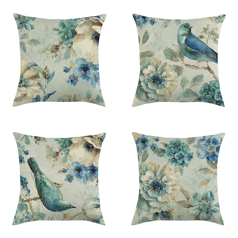 Blue Style Oil Painting Bird and Flower Pillow Custom