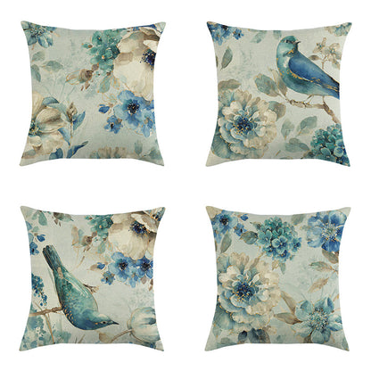 Blue Style Oil Painting Bird and Flower Pillow Custom