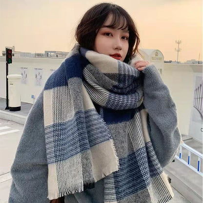 Women's Blue Plaid Winter Scarf with Tassels