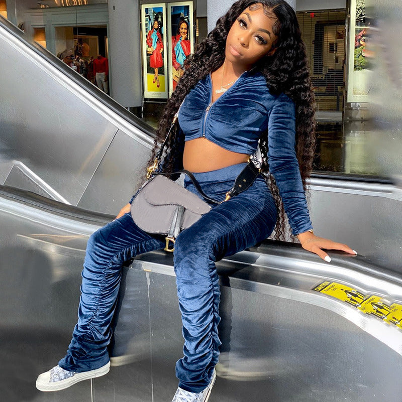 Chic Velvet Hooded Crop & Pleated Pants Set