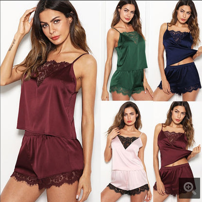 Satin Lace Pajamas Set for Women (2-Piece)