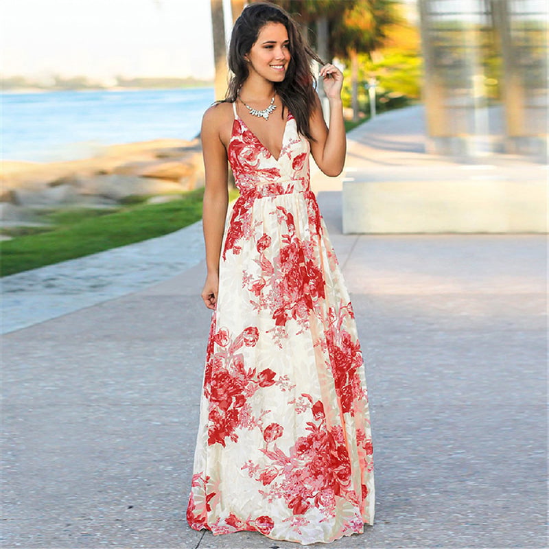 V-neck Floral Flowing Drawstring Long Skirt