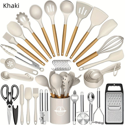 Wooden-Handle Silicone Kitchen Tool Set
